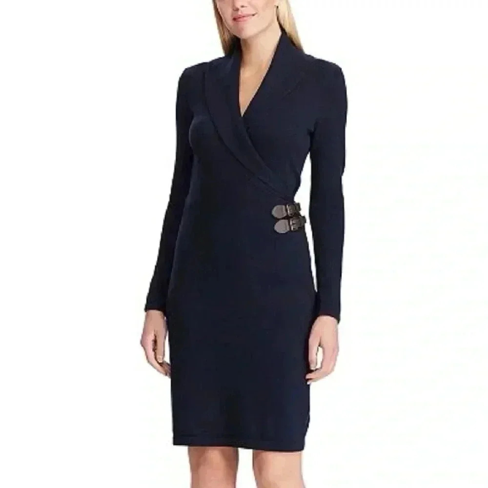 Chaps Sweater Wrap Dress Faux Leather Buckle With Drop Down Neckline Sz Large